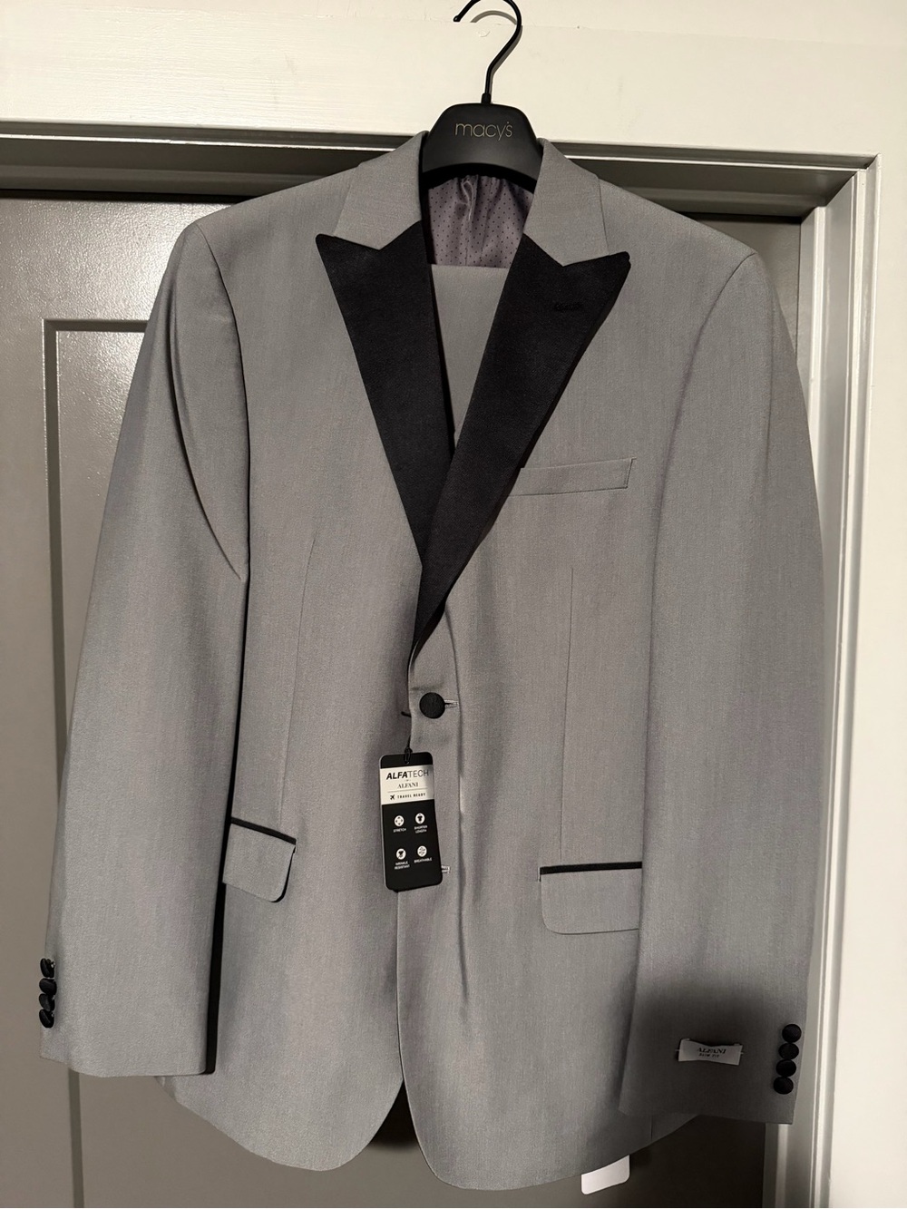 Alfani Fate Light Gray 3 piece Tuxedo 
Blazer 40R
Vest M
Pants 33/32